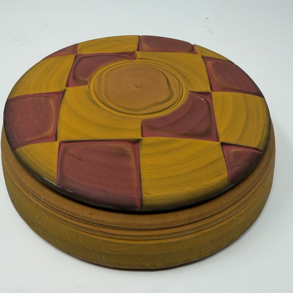 Redware Artist Signed Trinket Dish Lid Checkerboard Inner Glaze Rustic Catch-all